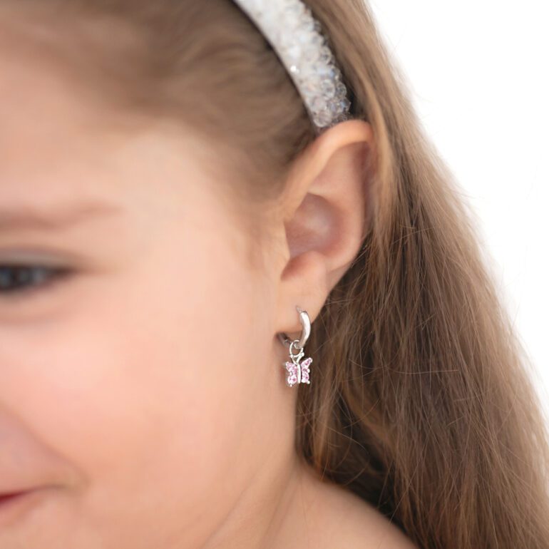 Sterling silver hoop earrings for kids with dandling butterfly