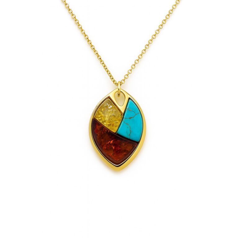 Yellow gold plated sterling silver necklace with amber and turquoise