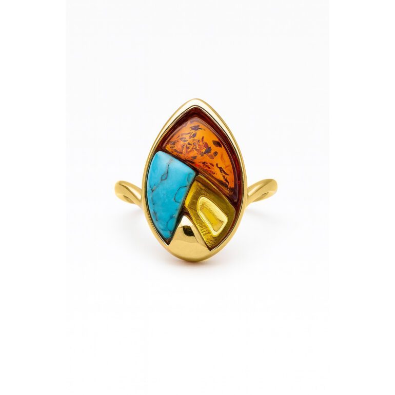 Yellow gold plated sterling silver ring with amber and turquoise