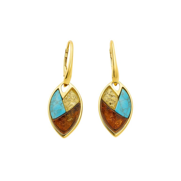 Yellow gold plated sterling silver earring with amber and turquoise