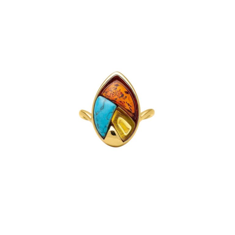 Gold Plated Sterling Silver Ring With Amber And Turquoise