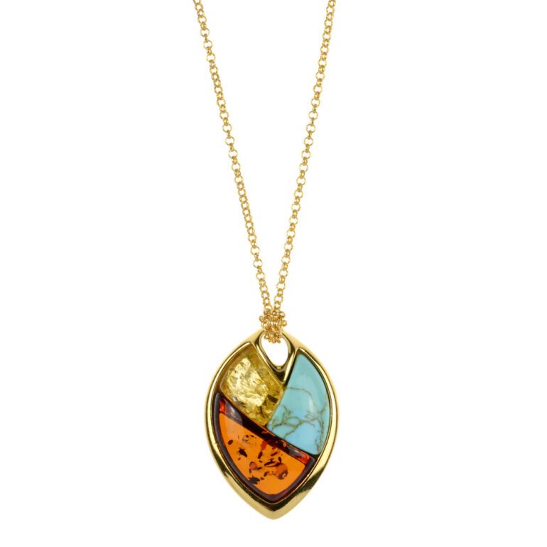 Gold Plated Sterling Silver Necklace With Amber And Turquoise