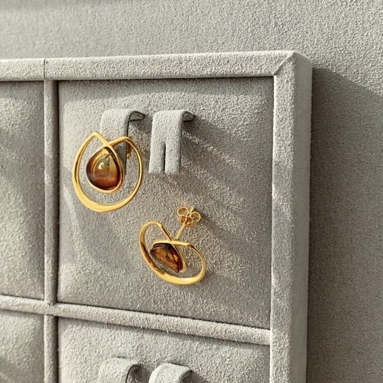 Yellow gold plated sterling silver stud earrings with amber