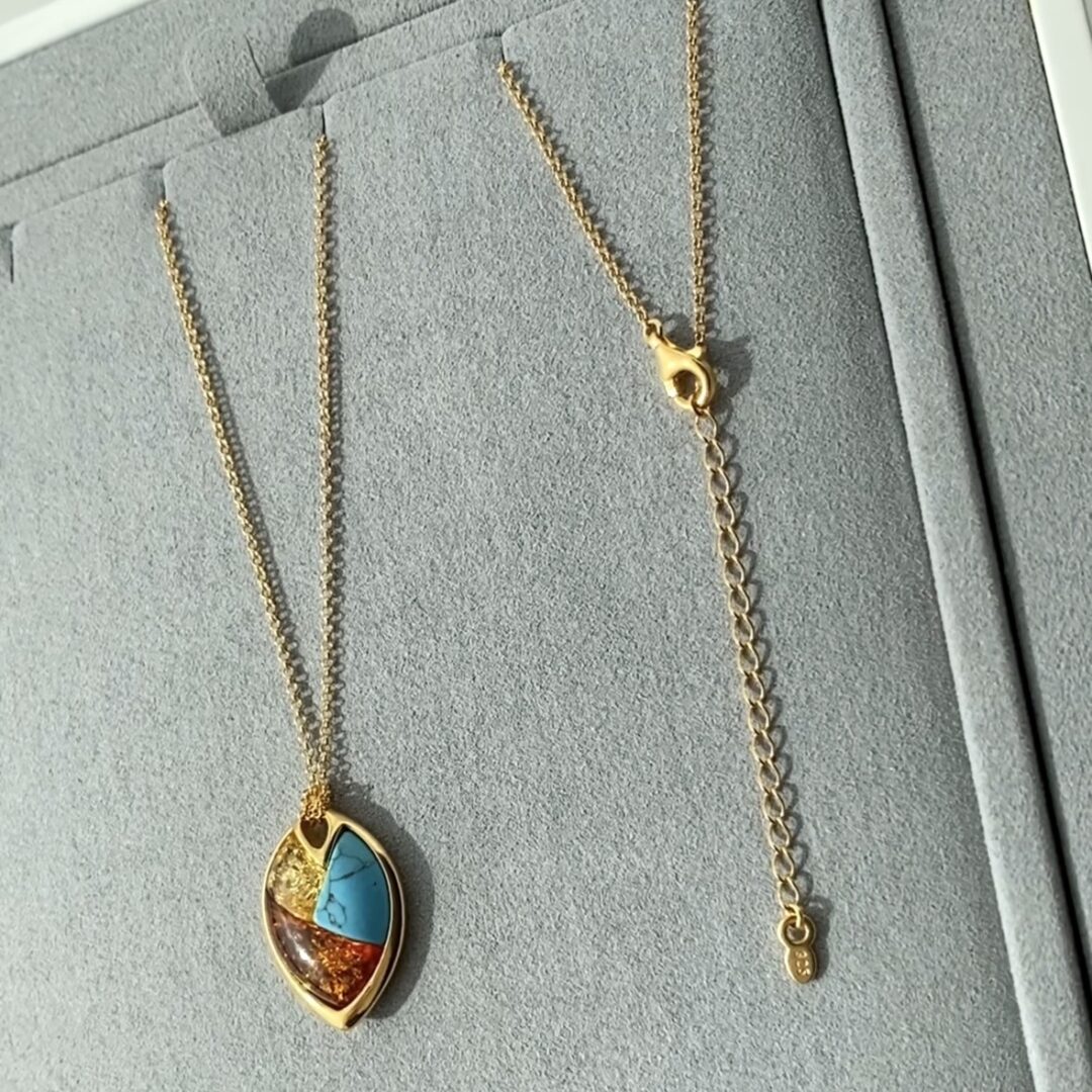 Gold Plated Sterling Silver Necklace With Amber And Turquoise