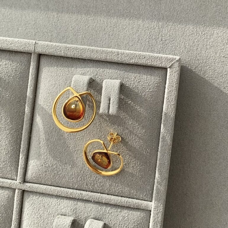 Yellow gold plated sterling silver stud earrings with amber