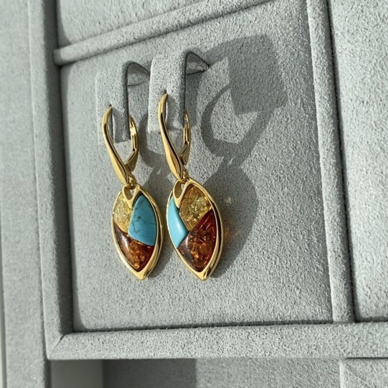 Auksu Dengti Sidabriniai Auskarai Su Gintaru Ir Turkiu