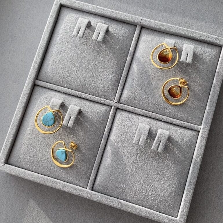 Yellow gold plated sterling silver stud earrings with amber