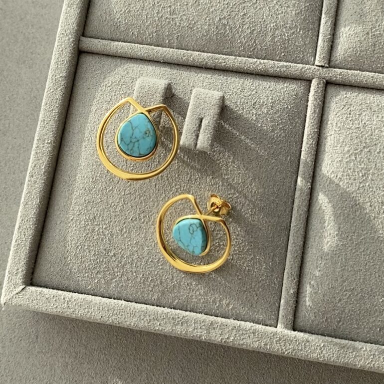 Yellow gold plated sterling silver stud earrings with turquoise