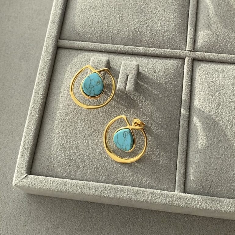 Yellow gold plated sterling silver stud earrings with turquoise