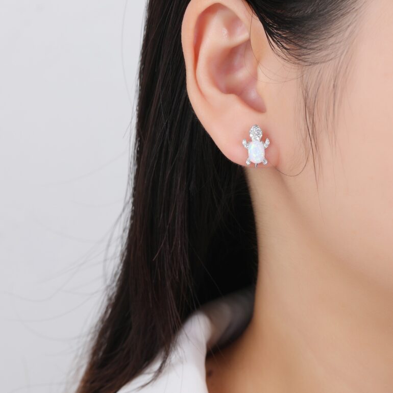Sterling silver turtle earrings with opal and cubic zirconia