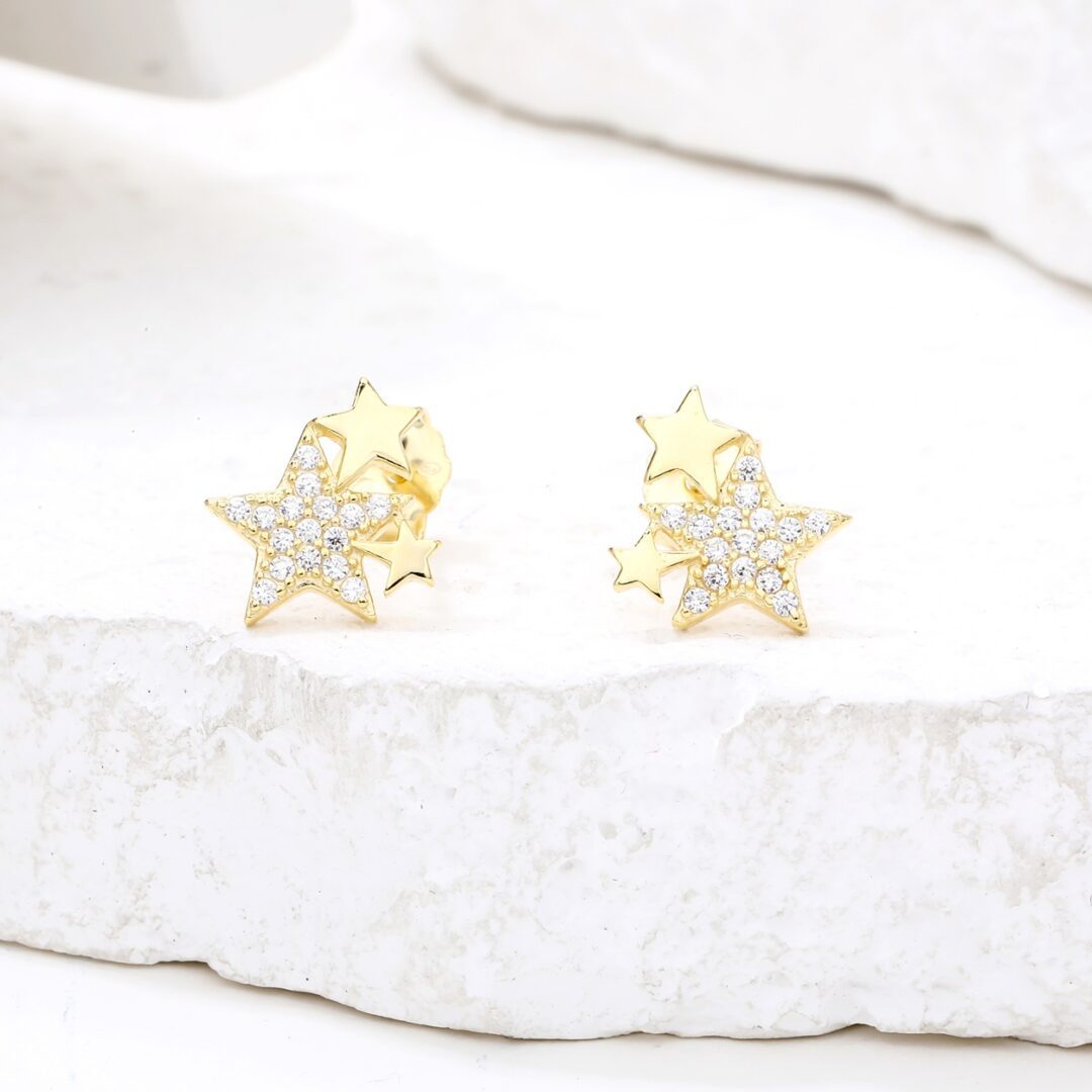 Gold plated sterling silver star earrings with cubic zirconia