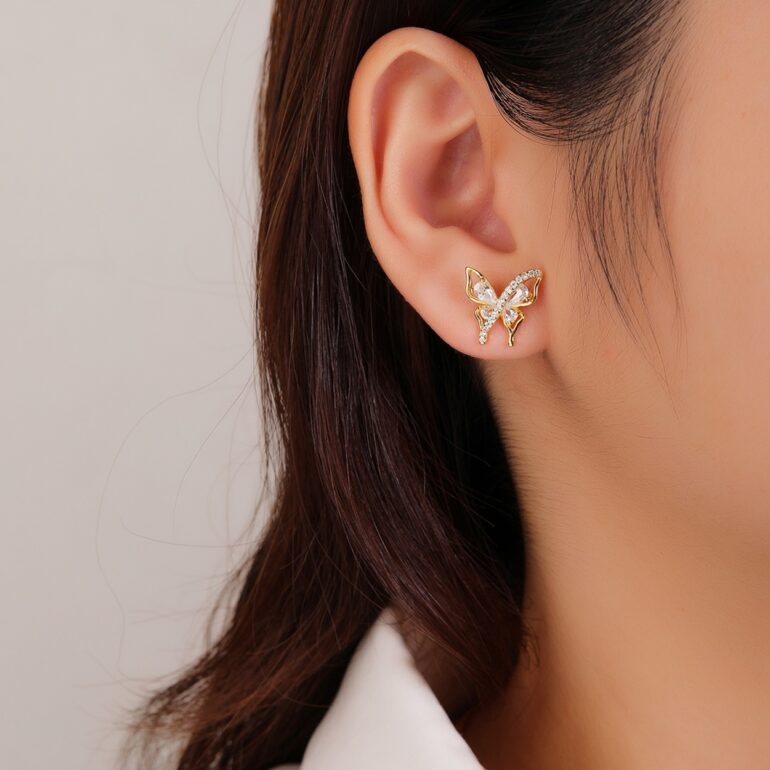 Paauksuoti sidabriniai auskarai su cirkoniais - drugeliai