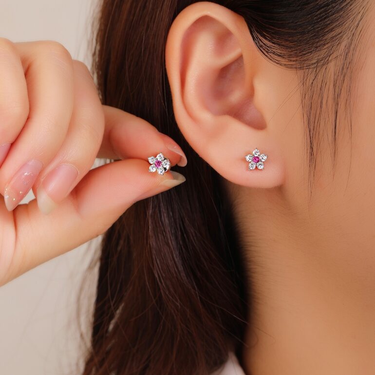 Sterling silver flower earrings with cubic zirconia