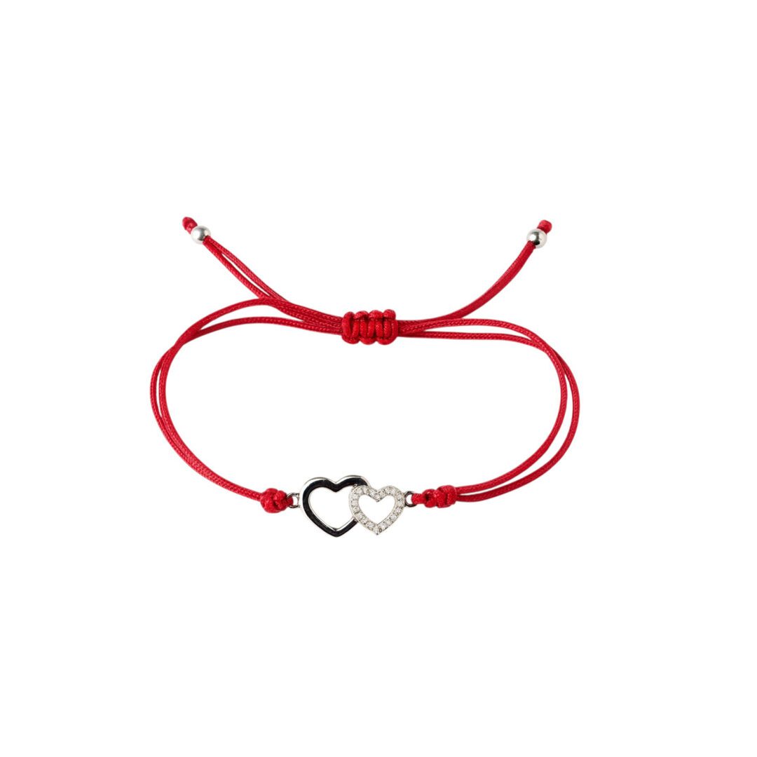 Red string bracelet with cubic zirconia - hearts