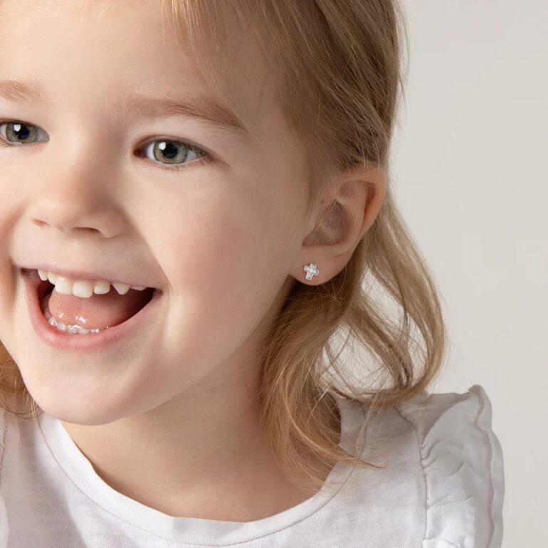 Sterling silver stud cross earrings for kids with cubic zirconia