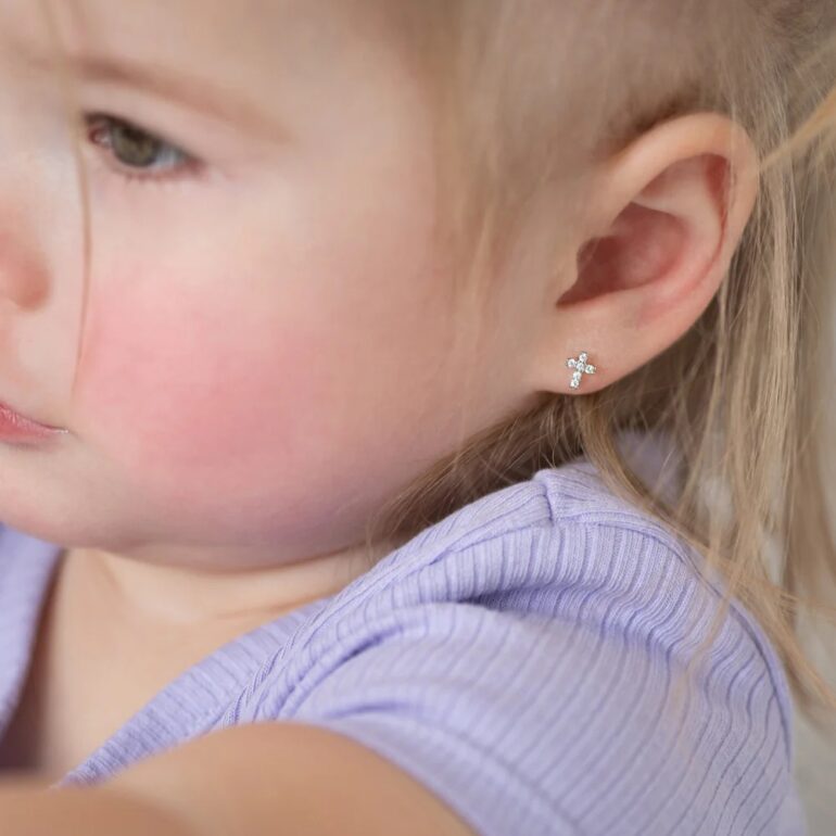 Sterling silver stud cross earrings for kids with cubic zirconia