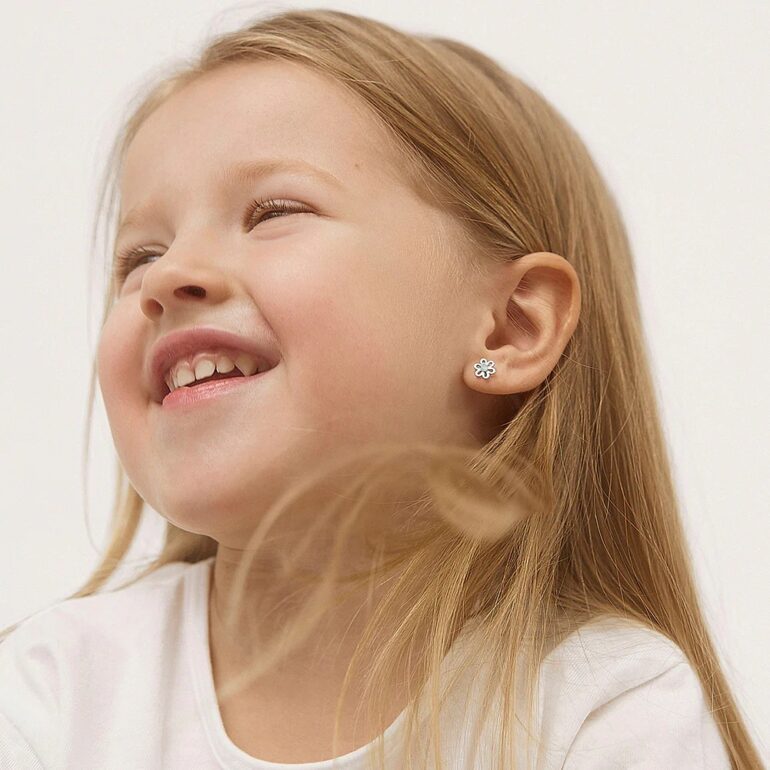 Vaikiški sidabriniai auskarai su opalu - gėlytės
