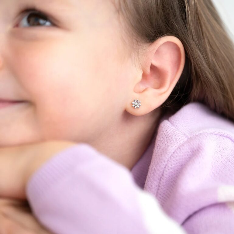 Sterling silver flower earrings for kids with cubic zirconia