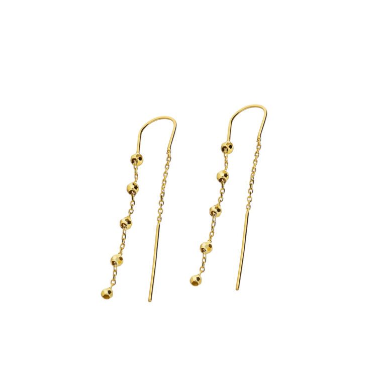 Geltono aukso auskarai grandinėlė su graviruotais aukso karoliukais