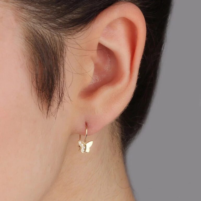 Geltono Aukso Auskarai Su Cirkoniais – Drugeliai