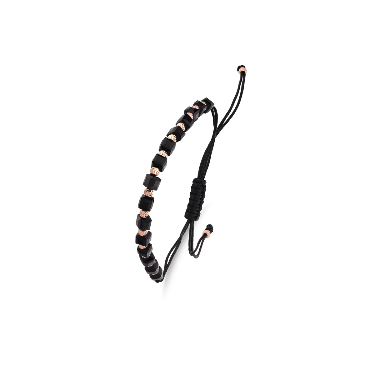 Juodo siūlo apyrankė su graviruotais auksiniais karoliukais