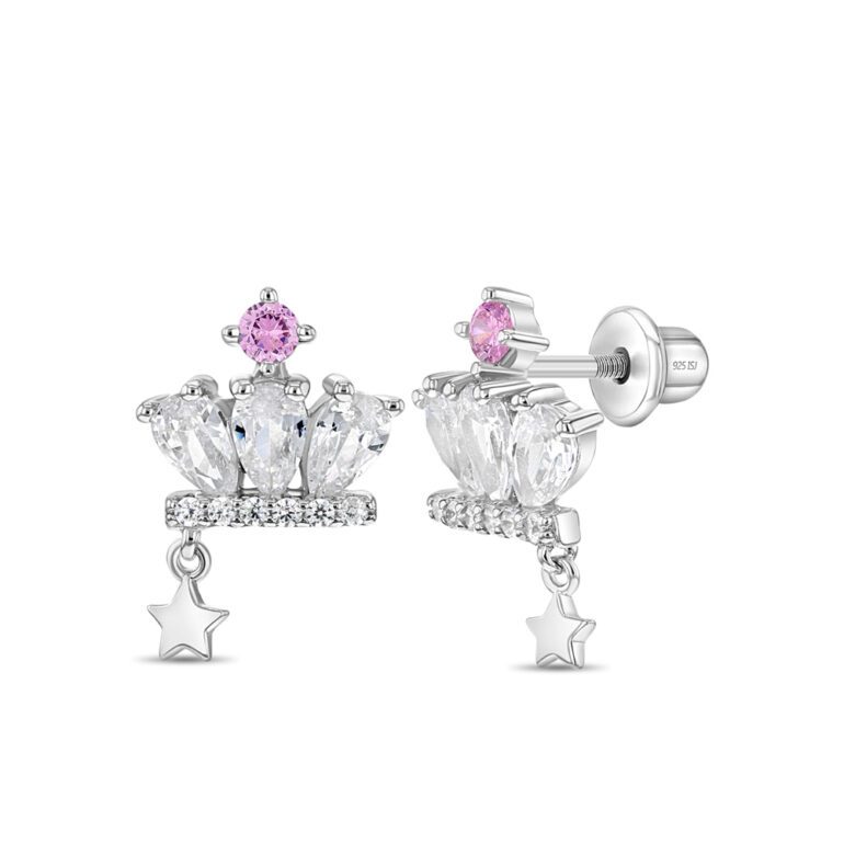 Vaikiški sidabriniai užsukami auskarai su cirkoniais - Karūnos.