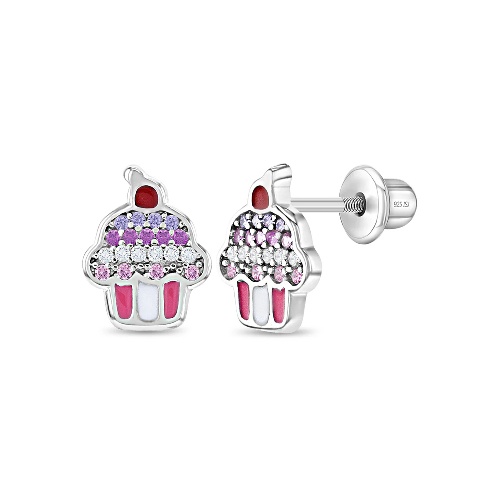 Sterling silver colorful cubic zirconia cupcake kids earrings