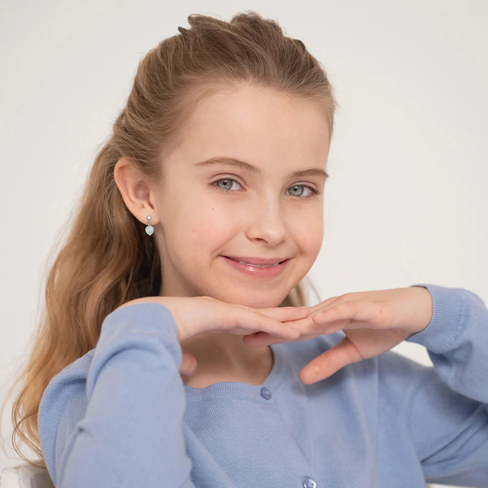 Sterling silver stud earrings with simulated opal and cubic zirconia – dandling hearts