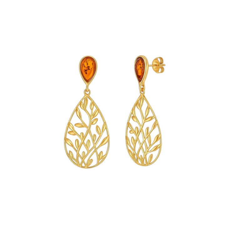 Geltonu auksu dengti sidabriniai auskarai su gintaru