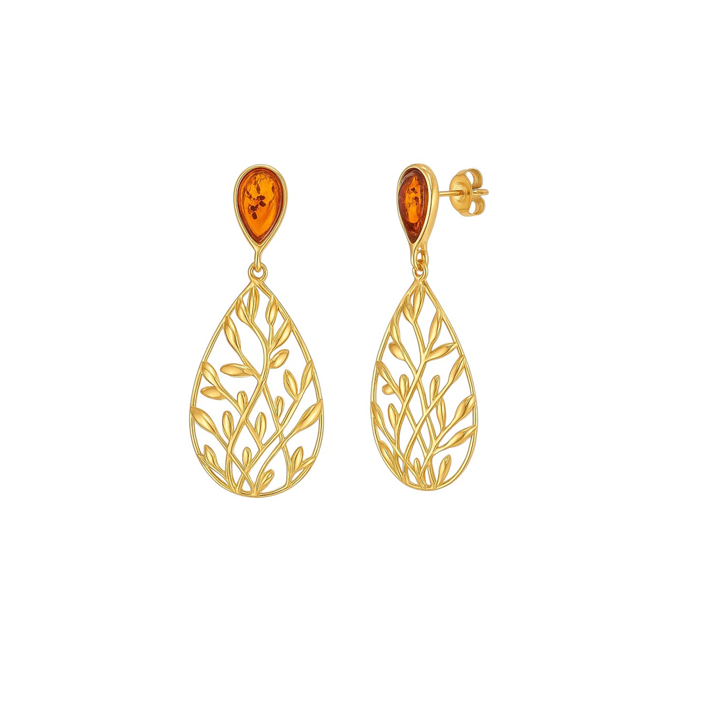 Yellow gold plated sterling silver earrings with amber