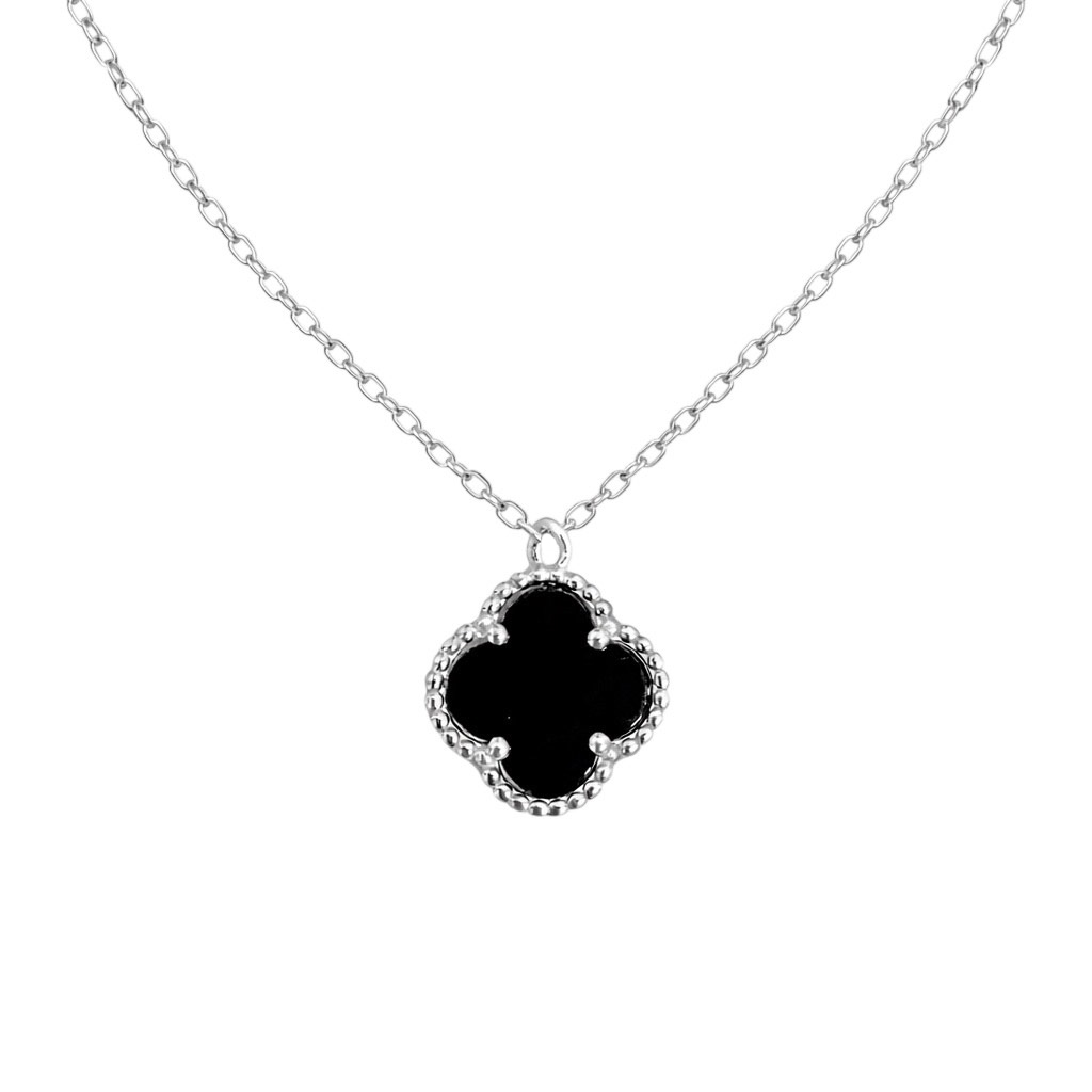 Sterling silver necklace with onyx – four leaf clover