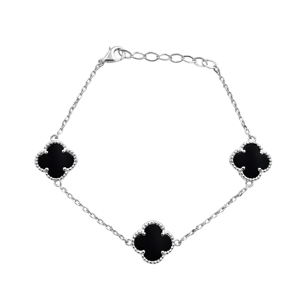 Sidabrinė apyrankė su oniksu - keturlapis dobilas