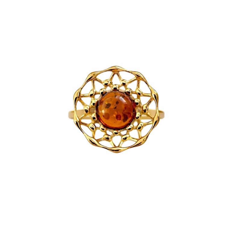 Yellow gold plated sterling silver ring with amber