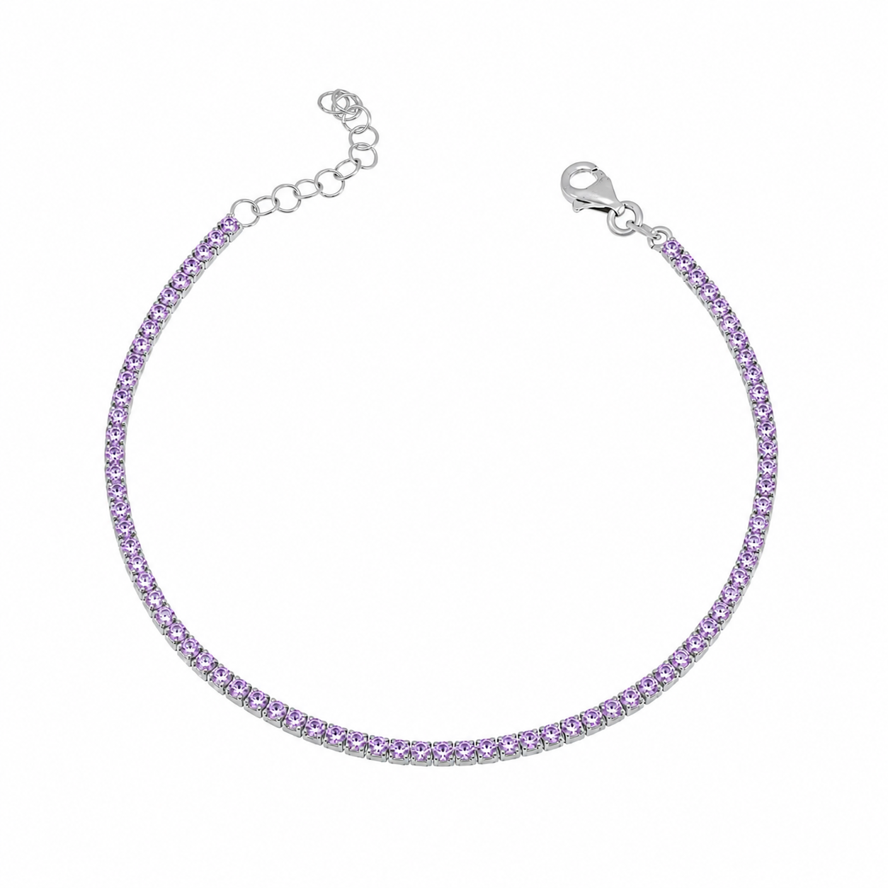 Sidabrinė tennis stiliaus apyrankė su violetiniais cirkoniais