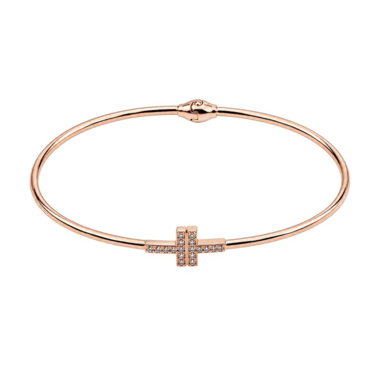 Rose Gold Cross Bangle Bracelet With Cubic Zirconia
